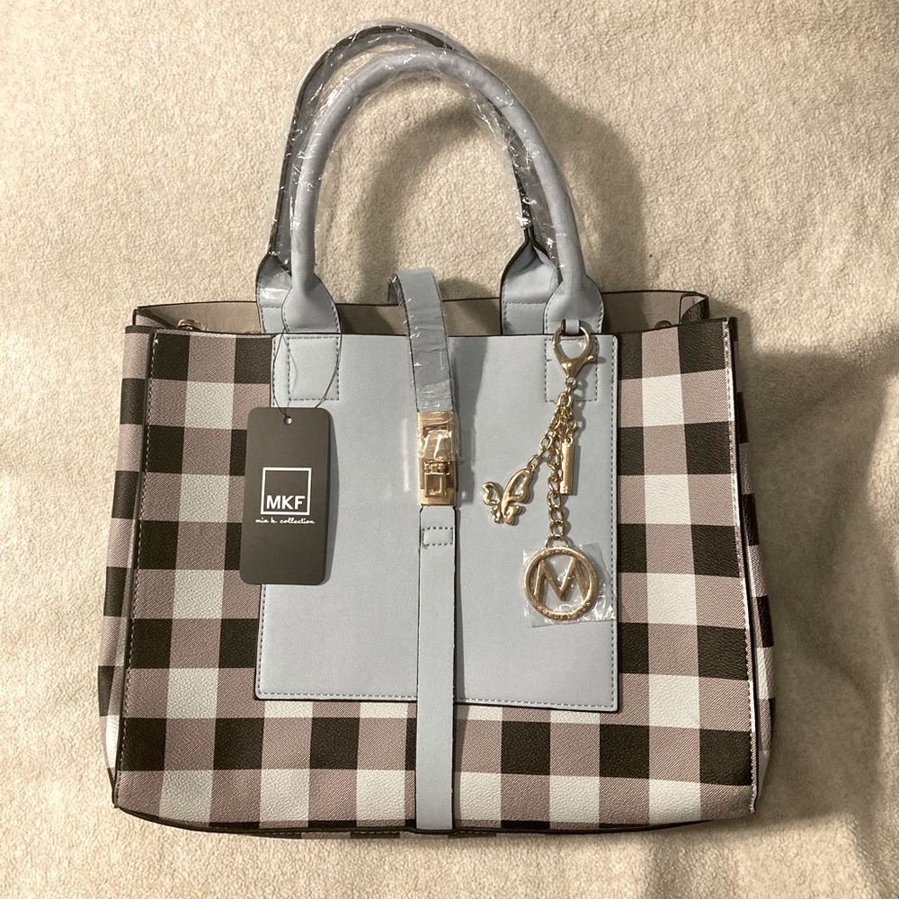 NWT MKF Collection by Mia K satchel, light blue buffalo plaid, matching wristlet